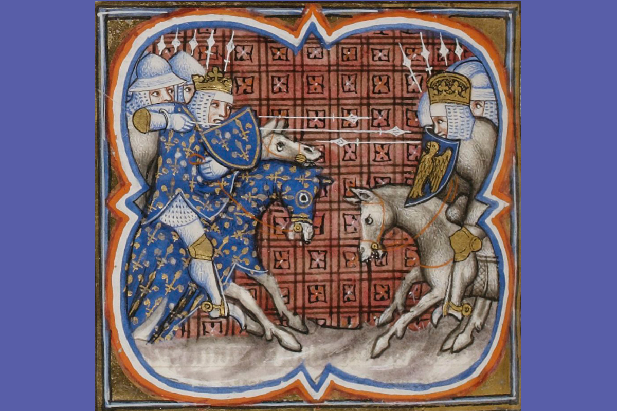 Schlacht von Bouvines: Der französische König Philipp II. August (links) siegt über Kaiser Otto IV. (Grandes Chroniques de France, Frankreich, 14. Jh.; Paris, Bibliothèque nationale de France, Ms. fr. 2813, fol. 253v).
